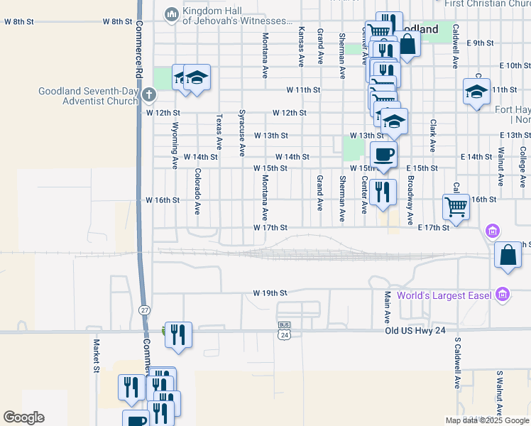 map of restaurants, bars, coffee shops, grocery stores, and more near 1652 Montana Avenue in Goodland