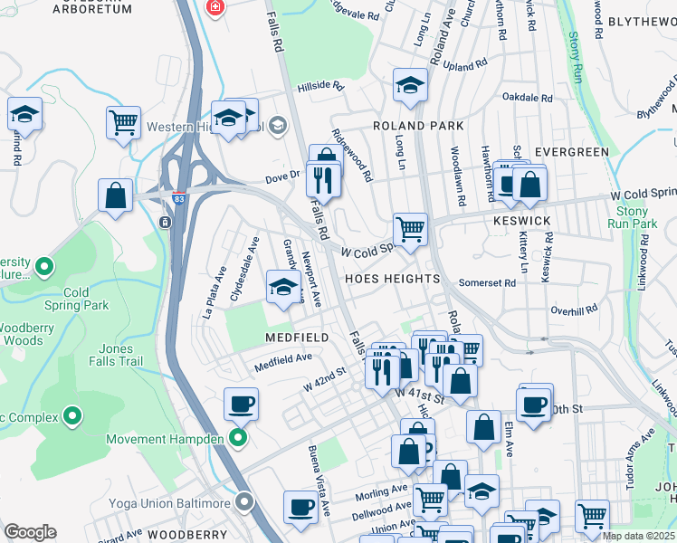 map of restaurants, bars, coffee shops, grocery stores, and more near 4409 Falls Road in Baltimore