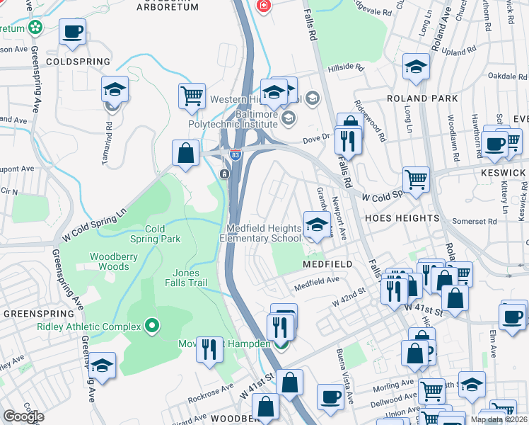 map of restaurants, bars, coffee shops, grocery stores, and more near 4412 La Plata Avenue in Baltimore