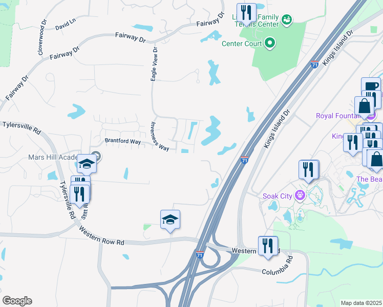 map of restaurants, bars, coffee shops, grocery stores, and more near 6800 Cintas Boulevard in Mason
