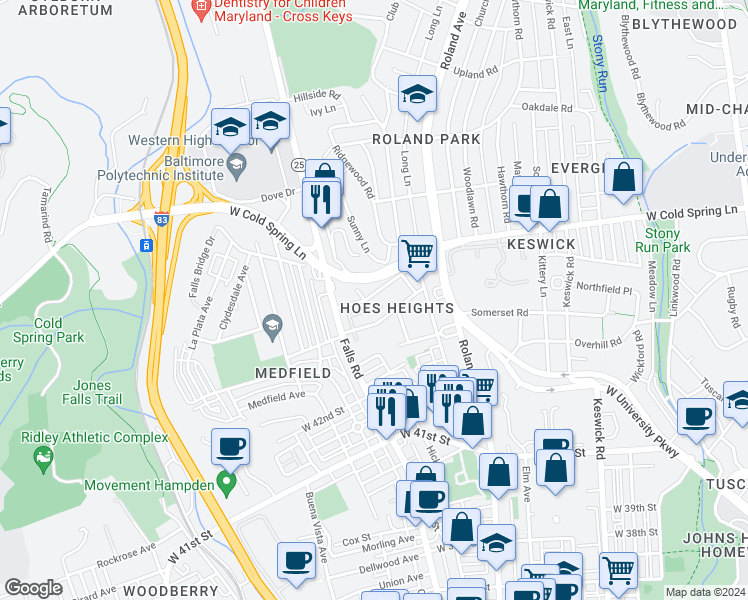 map of restaurants, bars, coffee shops, grocery stores, and more near 1035 Wood Heights Avenue in Baltimore