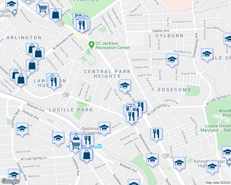 map of restaurants, bars, coffee shops, grocery stores, and more near 3278 Saint Ambrose Avenue in Baltimore