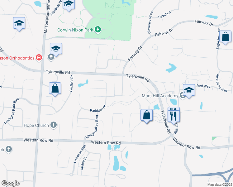 map of restaurants, bars, coffee shops, grocery stores, and more near 4433 Placepointe Drive in Mason