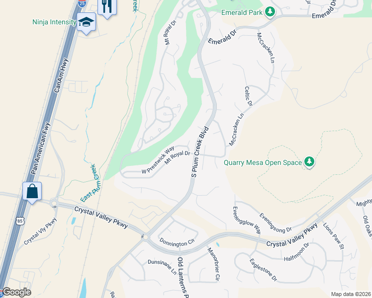 map of restaurants, bars, coffee shops, grocery stores, and more near 186 West Prestwick Way in Castle Rock
