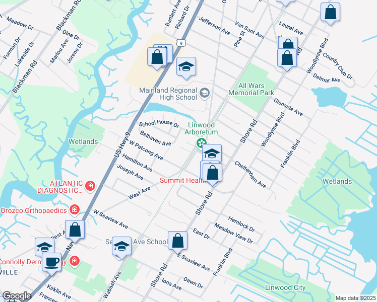 map of restaurants, bars, coffee shops, grocery stores, and more near Belhaven Avenue in Linwood