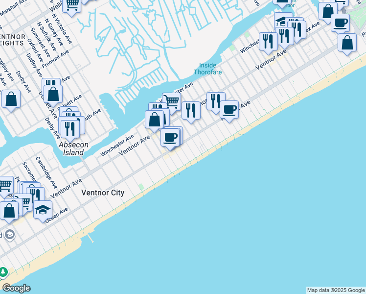 map of restaurants, bars, coffee shops, grocery stores, and more near 107 South Frankfort Avenue in Ventnor City