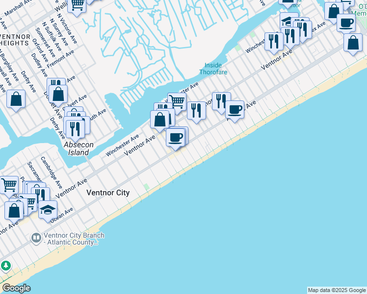 map of restaurants, bars, coffee shops, grocery stores, and more near 107 South Frankfort Avenue in Ventnor City