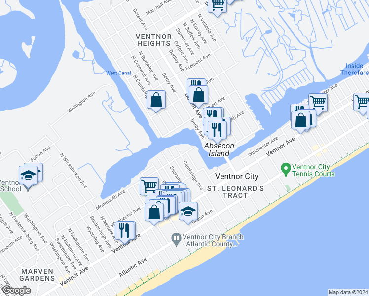 map of restaurants, bars, coffee shops, grocery stores, and more near 202 North Cambridge Avenue in Ventnor City