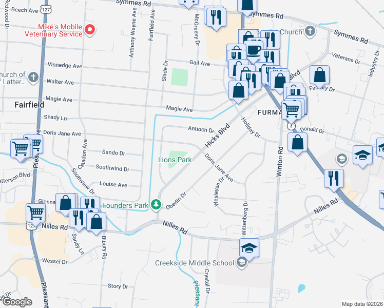 map of restaurants, bars, coffee shops, grocery stores, and more near 941 Hicks Boulevard in Fairfield