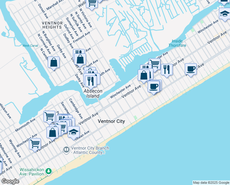 map of restaurants, bars, coffee shops, grocery stores, and more near 5705 Winchester Avenue in Ventnor City