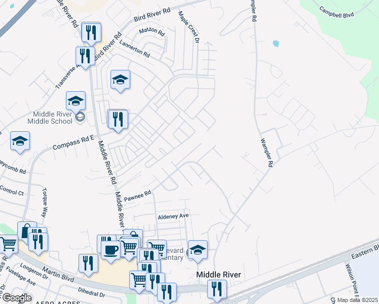map of restaurants, bars, coffee shops, grocery stores, and more near 58 Chelmsford Court in Middle River