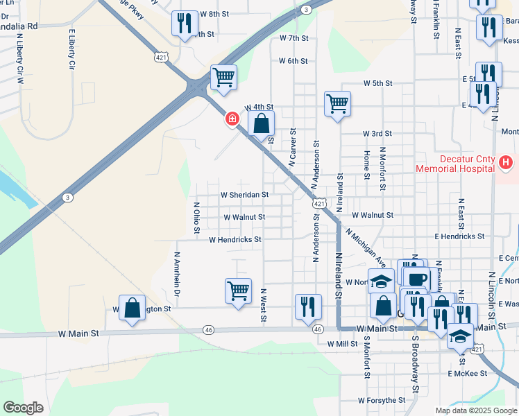 map of restaurants, bars, coffee shops, grocery stores, and more near 704 West Walnut Street in Greensburg