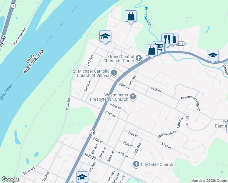 map of restaurants, bars, coffee shops, grocery stores, and more near 5304 Grand Central Avenue in Vienna