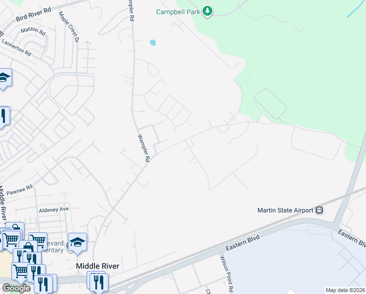 map of restaurants, bars, coffee shops, grocery stores, and more near 328 Bourque Avenue in Middle River