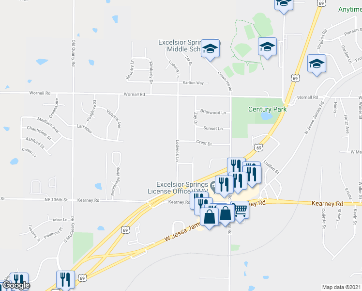 map of restaurants, bars, coffee shops, grocery stores, and more near 203 Lodwick Lane in Excelsior Springs
