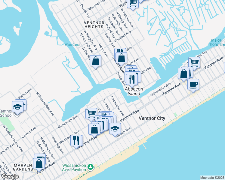 map of restaurants, bars, coffee shops, grocery stores, and more near 202 North Cambridge Avenue in Ventnor City