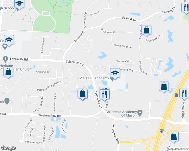 map of restaurants, bars, coffee shops, grocery stores, and more near 4110 East Village Drive in Mason