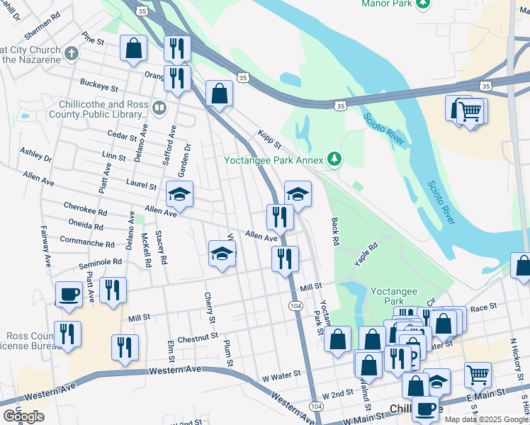 map of restaurants, bars, coffee shops, grocery stores, and more near 429 Church Street in Chillicothe