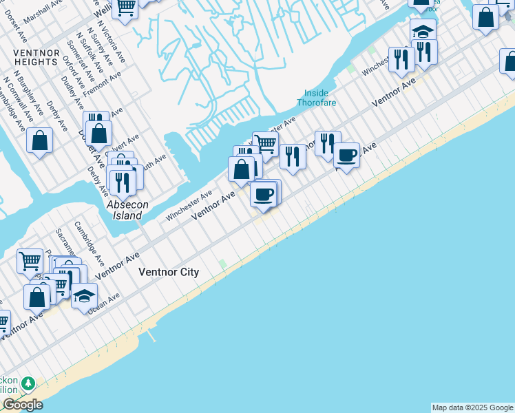 map of restaurants, bars, coffee shops, grocery stores, and more near 113 South Little Rock Avenue in Ventnor City