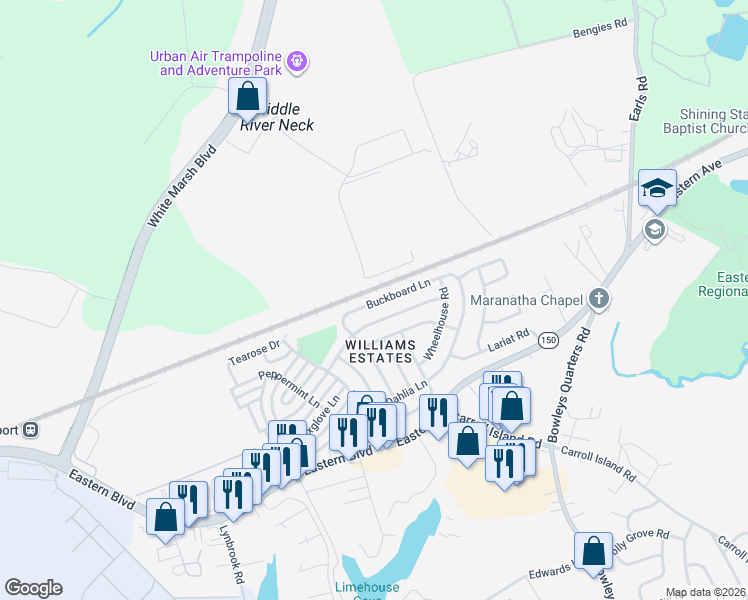 map of restaurants, bars, coffee shops, grocery stores, and more near 3508 Buckboard Lane in Middle River