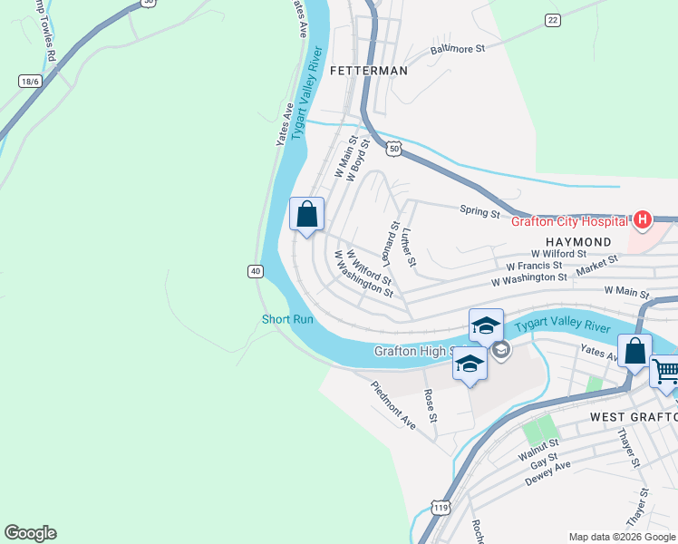map of restaurants, bars, coffee shops, grocery stores, and more near 20 Steele St in Grafton