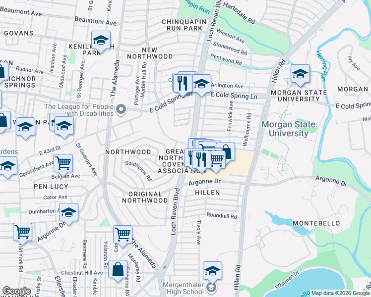 map of restaurants, bars, coffee shops, grocery stores, and more near 4300 Marble Hall Road in Baltimore