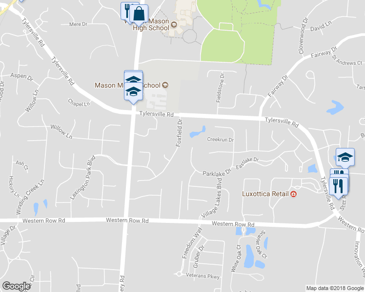 map of restaurants, bars, coffee shops, grocery stores, and more near 6626 Foxfield Drive in Mason