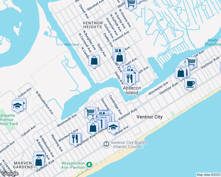 map of restaurants, bars, coffee shops, grocery stores, and more near 6101 Monmouth Avenue in Ventnor City