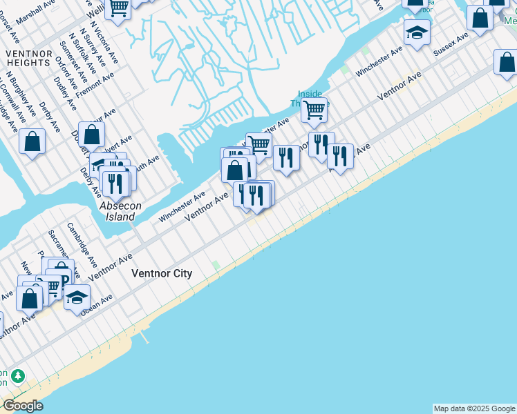 map of restaurants, bars, coffee shops, grocery stores, and more near 113 South Little Rock Avenue in Ventnor City