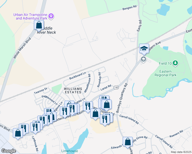 map of restaurants, bars, coffee shops, grocery stores, and more near 3617 Dahlia Lane in Middle River