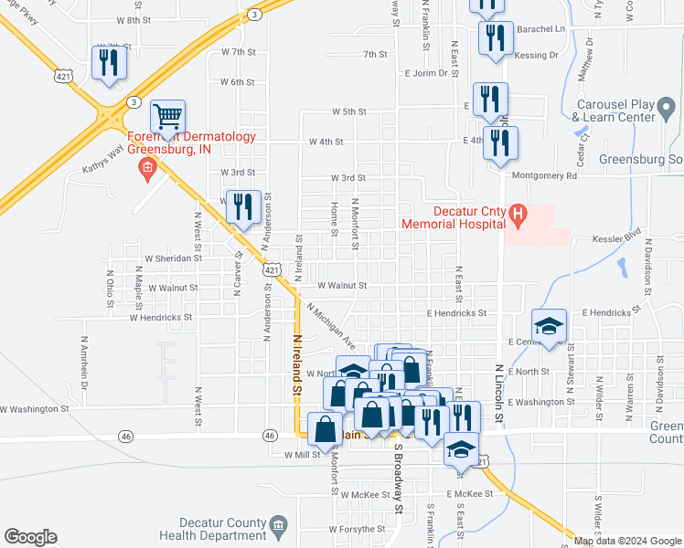 map of restaurants, bars, coffee shops, grocery stores, and more near 311 West Walnut Street in Greensburg