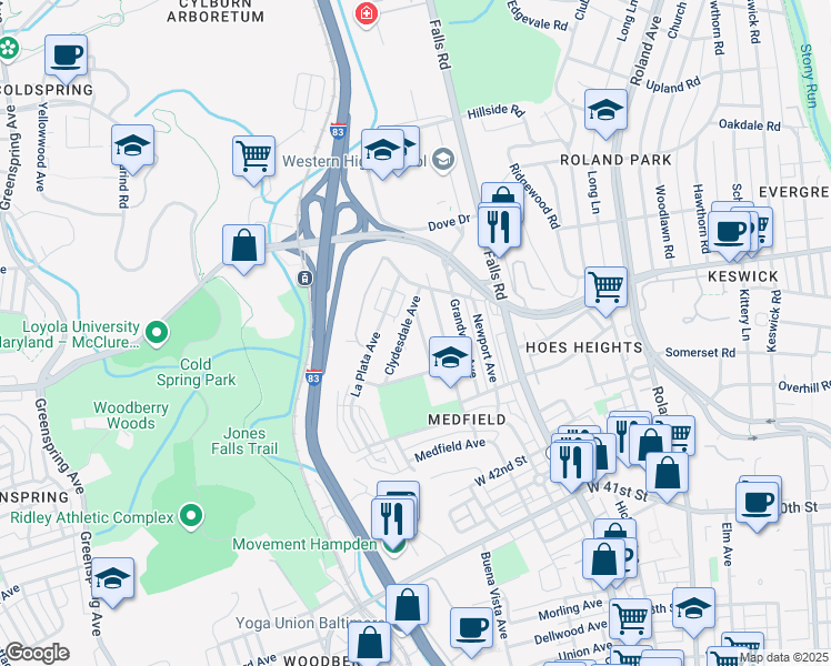 map of restaurants, bars, coffee shops, grocery stores, and more near 4420 Buena Vista Avenue in Baltimore