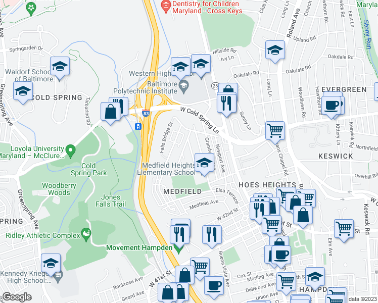 map of restaurants, bars, coffee shops, grocery stores, and more near 4420 Buena Vista Avenue in Baltimore