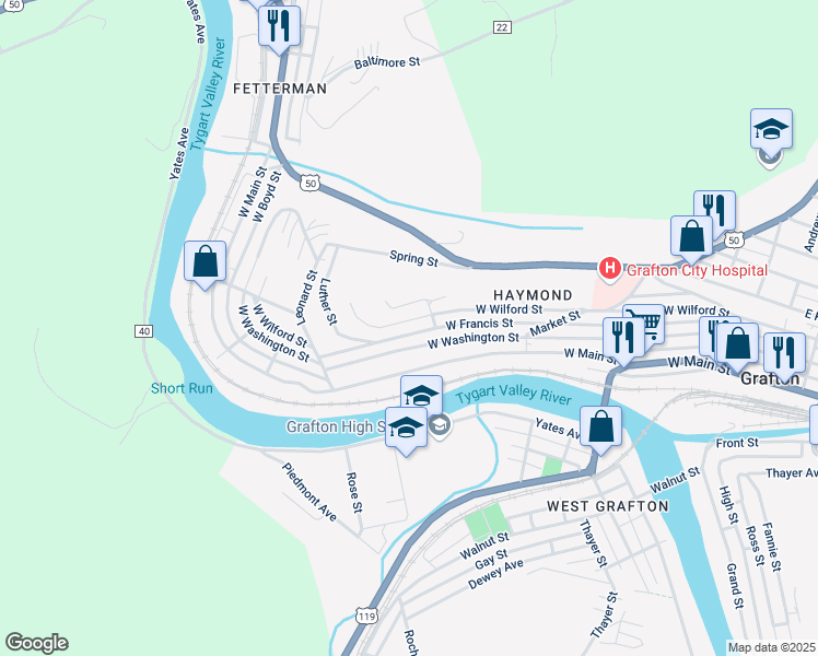 map of restaurants, bars, coffee shops, grocery stores, and more near 507 West Washington Street in Grafton