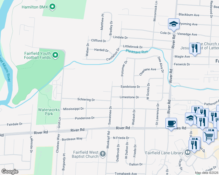 map of restaurants, bars, coffee shops, grocery stores, and more near 5475 Coolbrook Drive in Fairfield