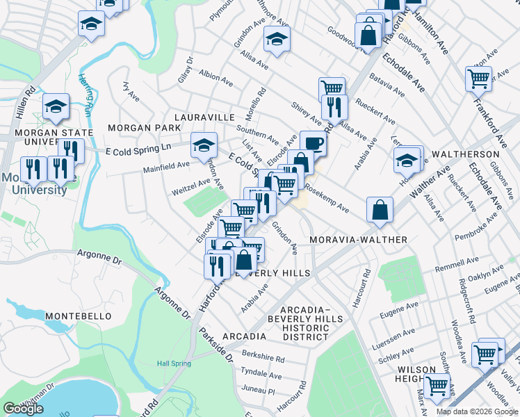 map of restaurants, bars, coffee shops, grocery stores, and more near 2918 Grindon Avenue in Baltimore