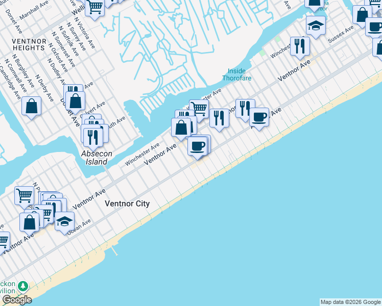 map of restaurants, bars, coffee shops, grocery stores, and more near 113 South Little Rock Avenue in Ventnor City