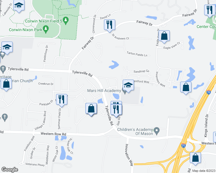 map of restaurants, bars, coffee shops, grocery stores, and more near 4096 East Village Drive in Mason