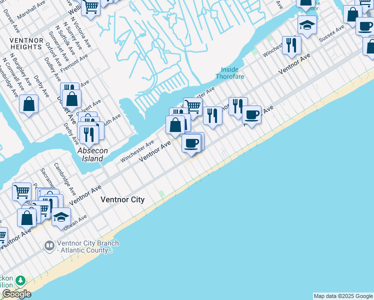 map of restaurants, bars, coffee shops, grocery stores, and more near 113 South Little Rock Avenue in Ventnor City