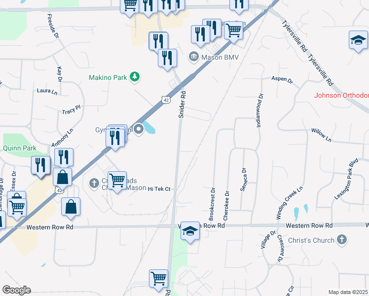 map of restaurants, bars, coffee shops, grocery stores, and more near 5967 Snider Cove Way in Mason