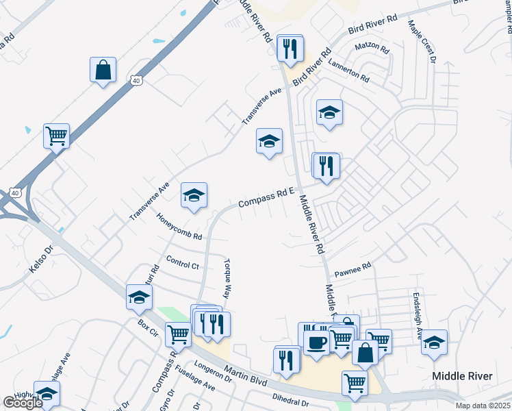 map of restaurants, bars, coffee shops, grocery stores, and more near 547 Compass Road East in Middle River