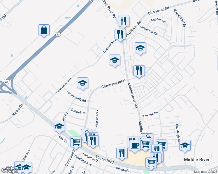map of restaurants, bars, coffee shops, grocery stores, and more near 547 Compass Road East in Middle River