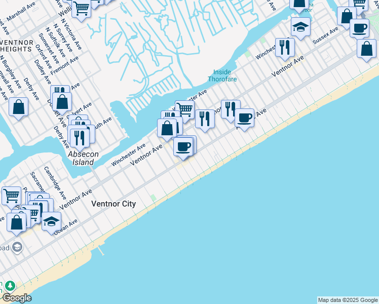 map of restaurants, bars, coffee shops, grocery stores, and more near 113 South Little Rock Avenue in Ventnor City