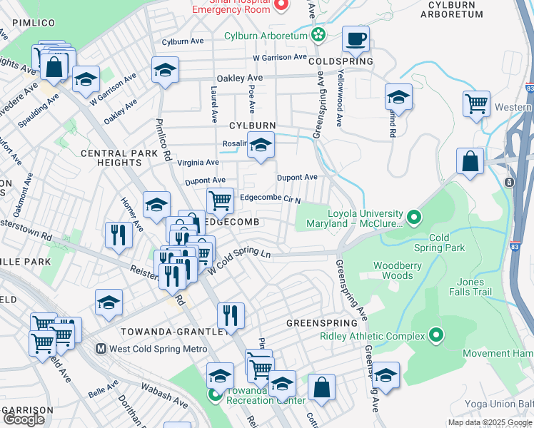 map of restaurants, bars, coffee shops, grocery stores, and more near 2836 Edgecombe Circle South in Baltimore