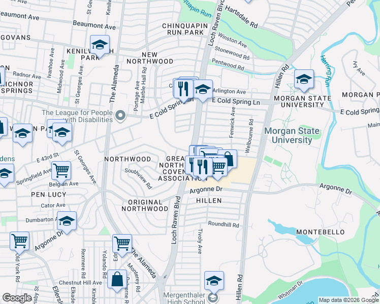 map of restaurants, bars, coffee shops, grocery stores, and more near 4300 Marble Hall Road in Baltimore