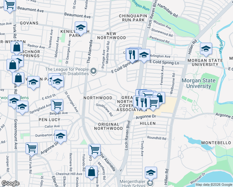 map of restaurants, bars, coffee shops, grocery stores, and more near 1328 Northview Road in Baltimore