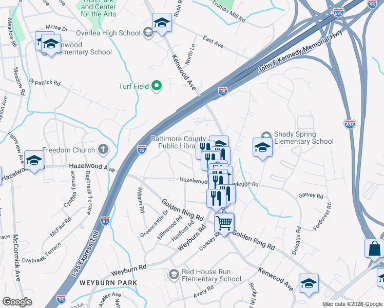 map of restaurants, bars, coffee shops, grocery stores, and more near 2057 Wintergreen Place in Rosedale