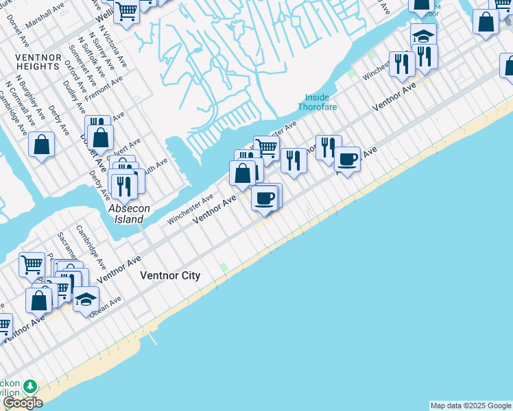 map of restaurants, bars, coffee shops, grocery stores, and more near 113 South Little Rock Avenue in Ventnor City