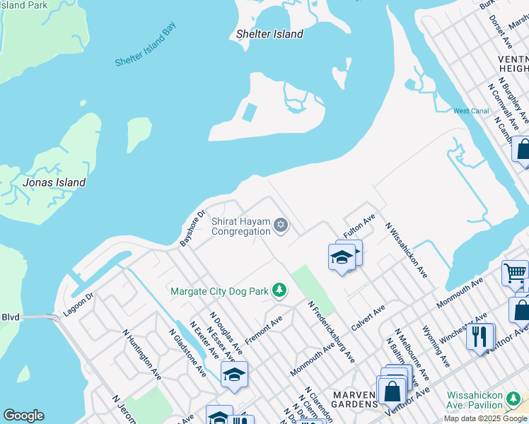 map of restaurants, bars, coffee shops, grocery stores, and more near 7301 Marshall Avenue in Ventnor City
