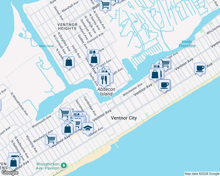 map of restaurants, bars, coffee shops, grocery stores, and more near 5804 Edgewater Avenue in Ventnor City